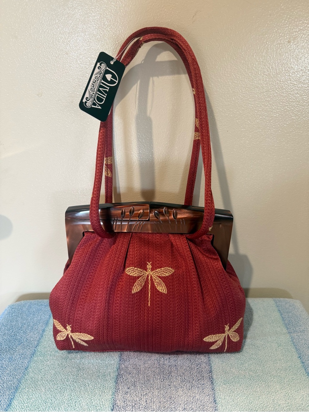 MIVIDA Burgundy Shoulder Bag with Gold Dragonfly Motif